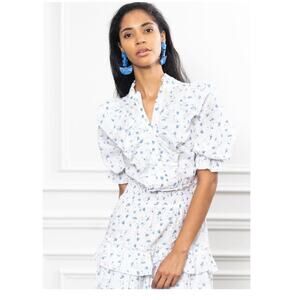 The Shirt Rochelle Behrens White Cotton Blue Floral Ruffle Trim Mini Dress Small